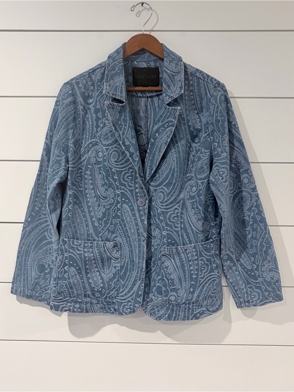 Solitaire Paisley Denim Look Blazer Jacket Boho Western Coastal Chic L Grandma